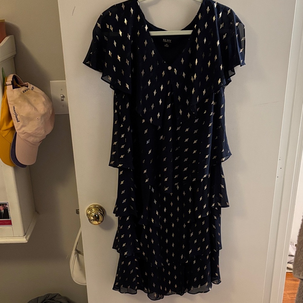 SLNY Navy and Gold Midi Dress
